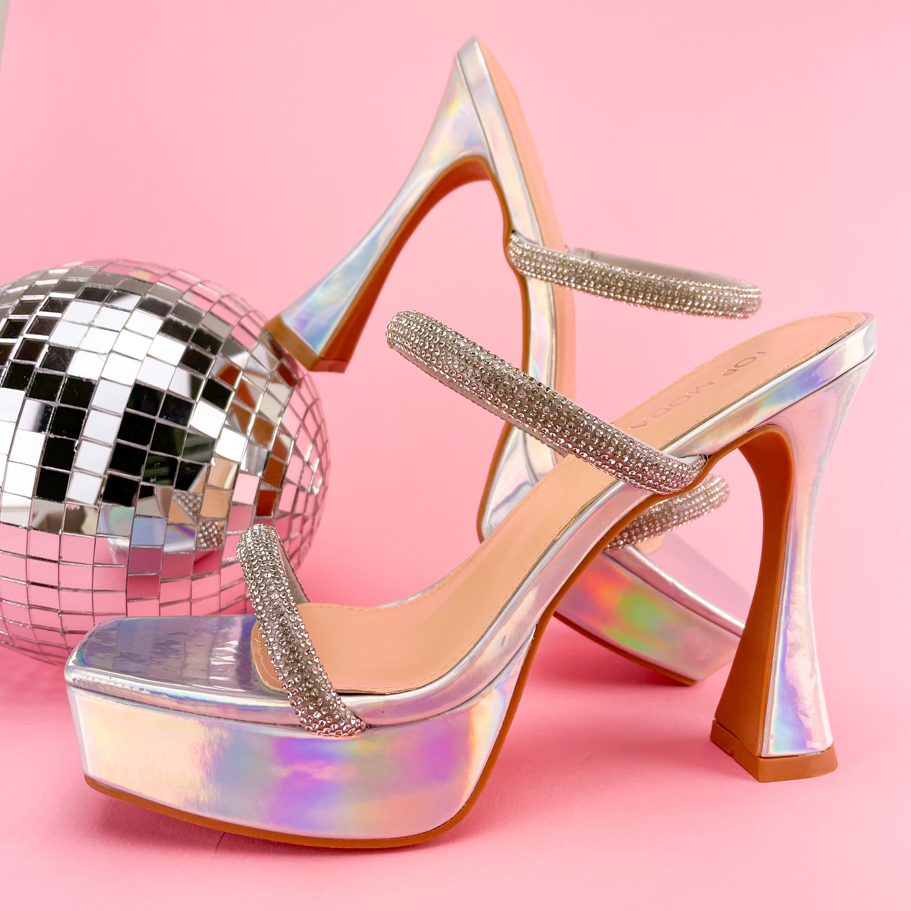 Top moda silver pat kanga-20 disco flare heels with rhinestone straps