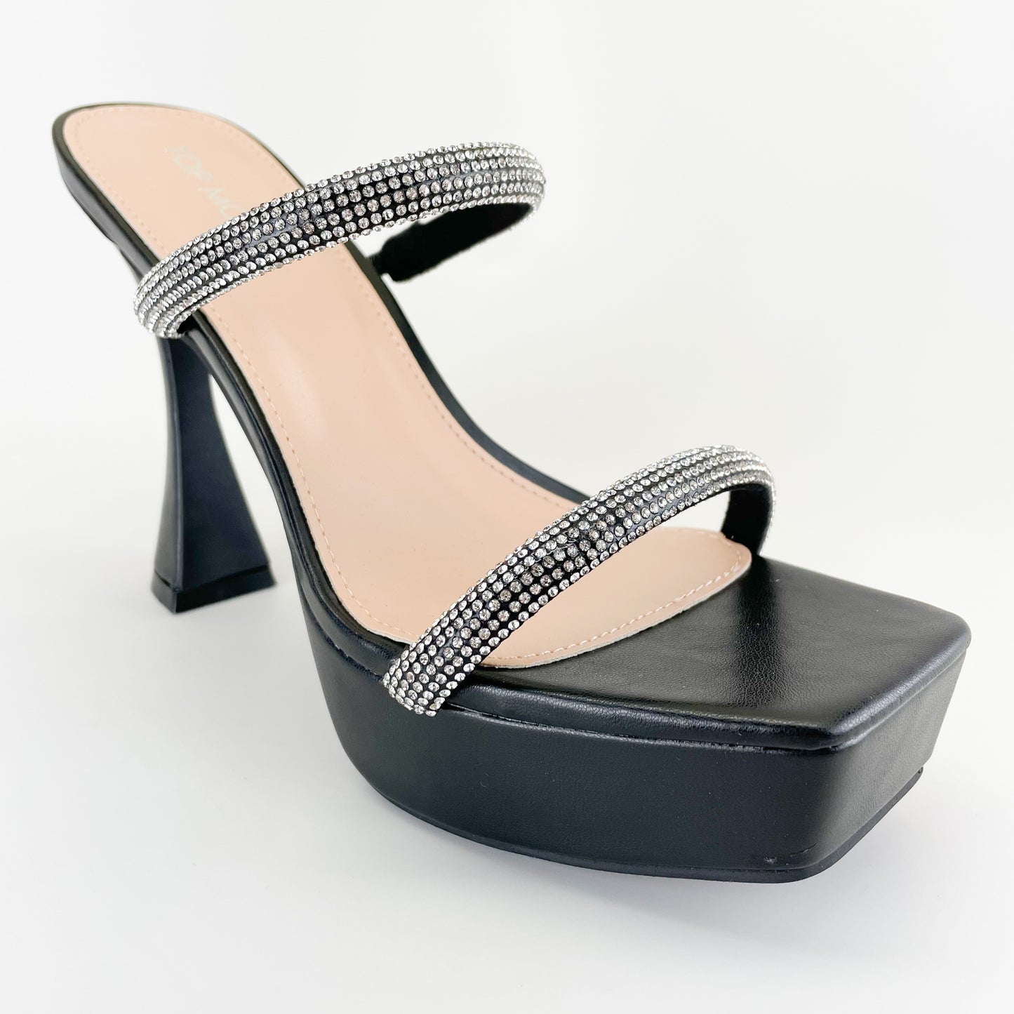 top moda kanga-20 black pu flare heel disco style platform heels with small rhinestones