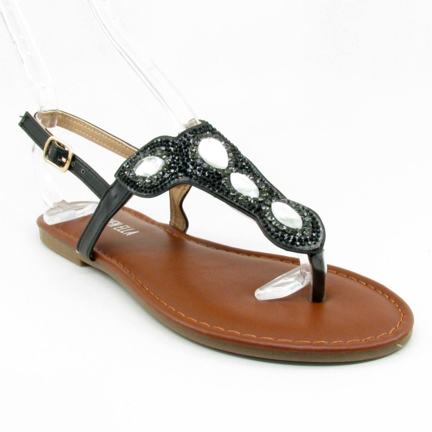 B16226 Steven Ella black embellished t-strap summer sandal