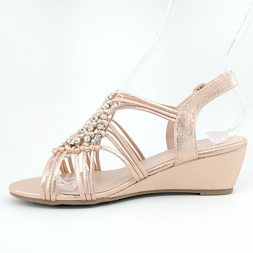 Women's Rosegold Shimmery Wedge Sandals with Clear Rhinestones