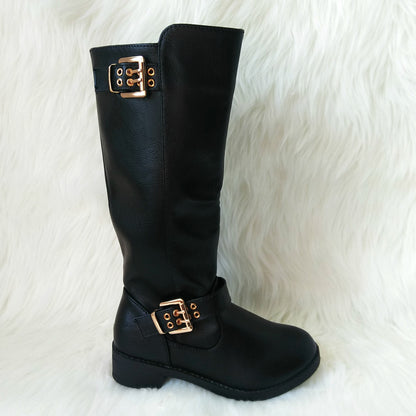 Girl's Black Tall Boot with Buckle Details