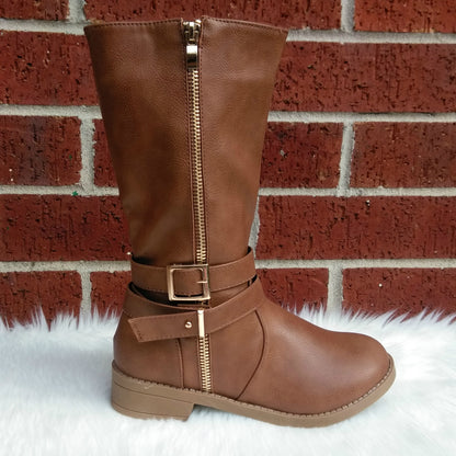 Girl's Tan Boots with Zipper and Buckles Detail