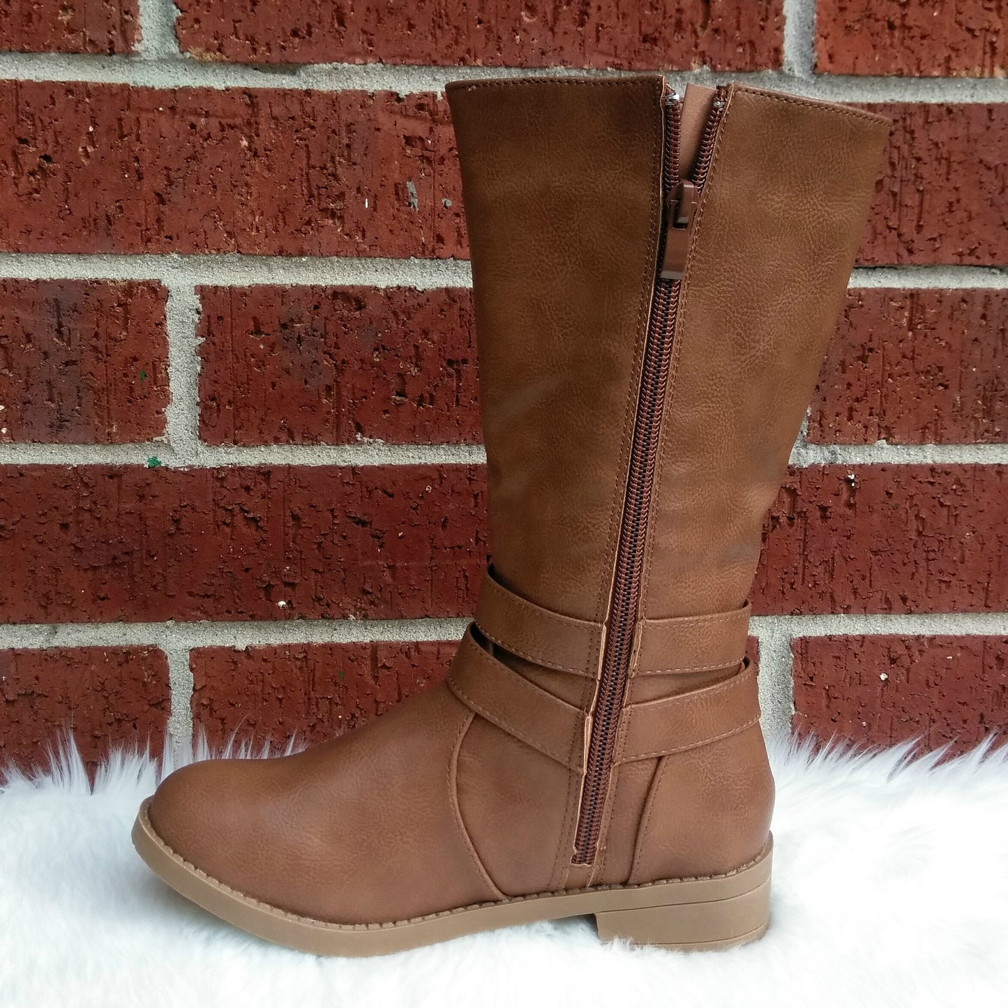 Girl's Tan Boots with Zipper and Buckles Detail