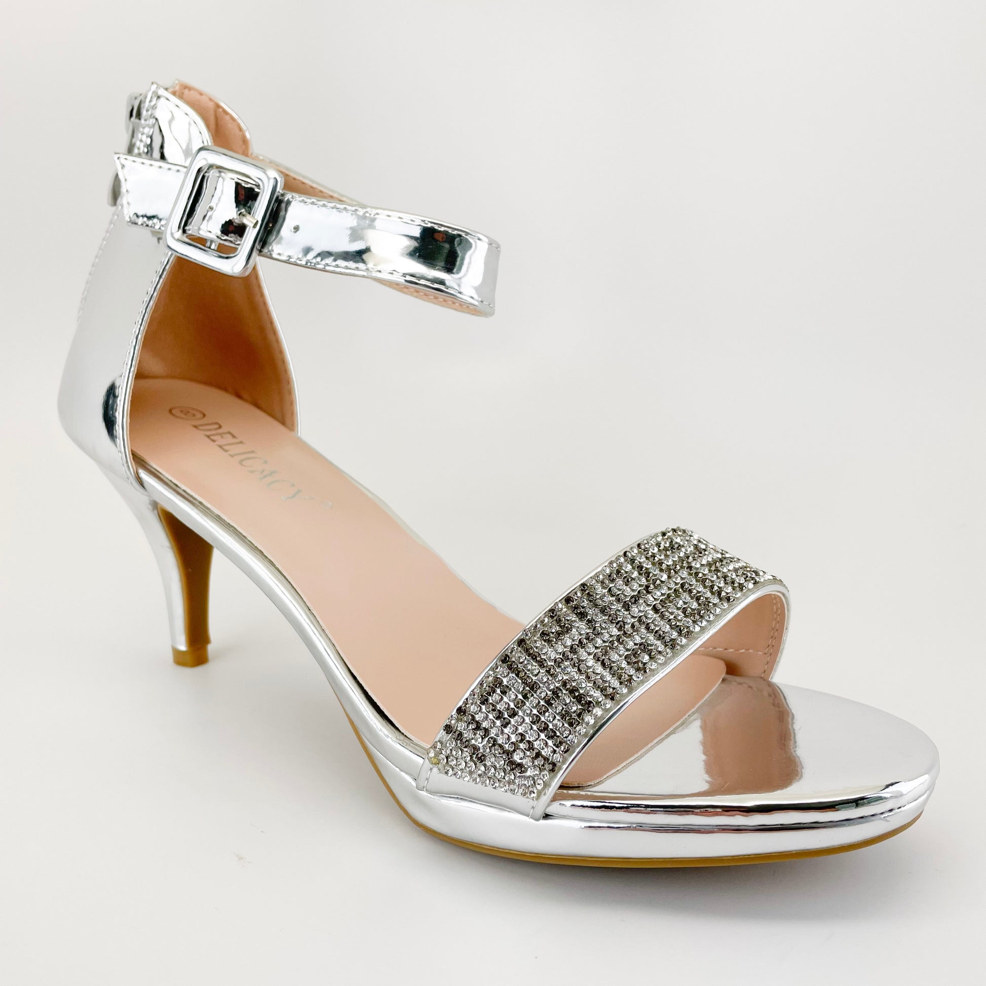 delicacy excited-105 silver pat heels with rhinestones