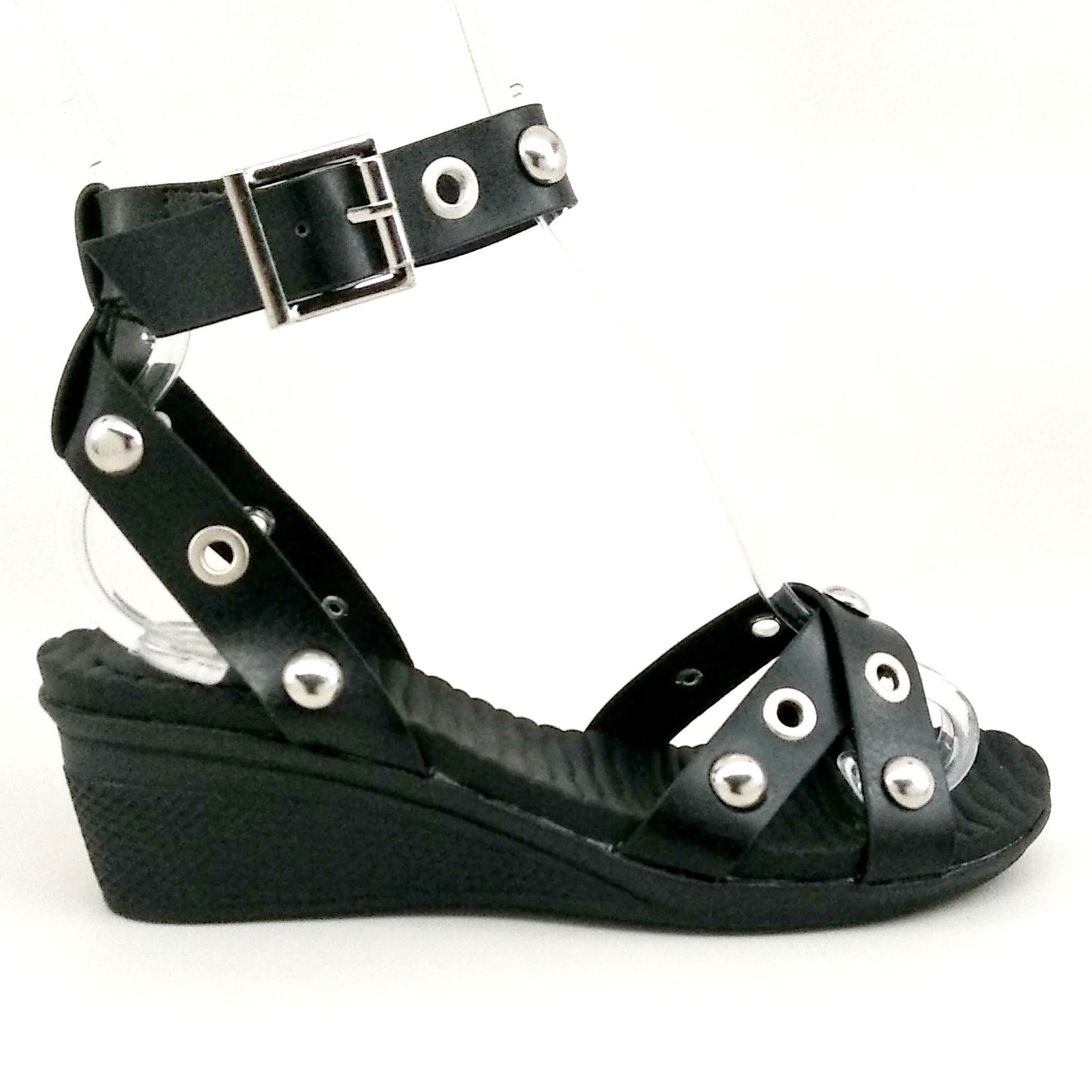 Women's Black Rubber Wedge Sandal with Ankle Strap
