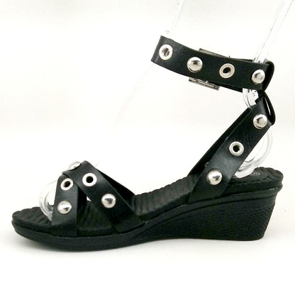 Women's Black Rubber Wedge Sandal with Ankle Strap