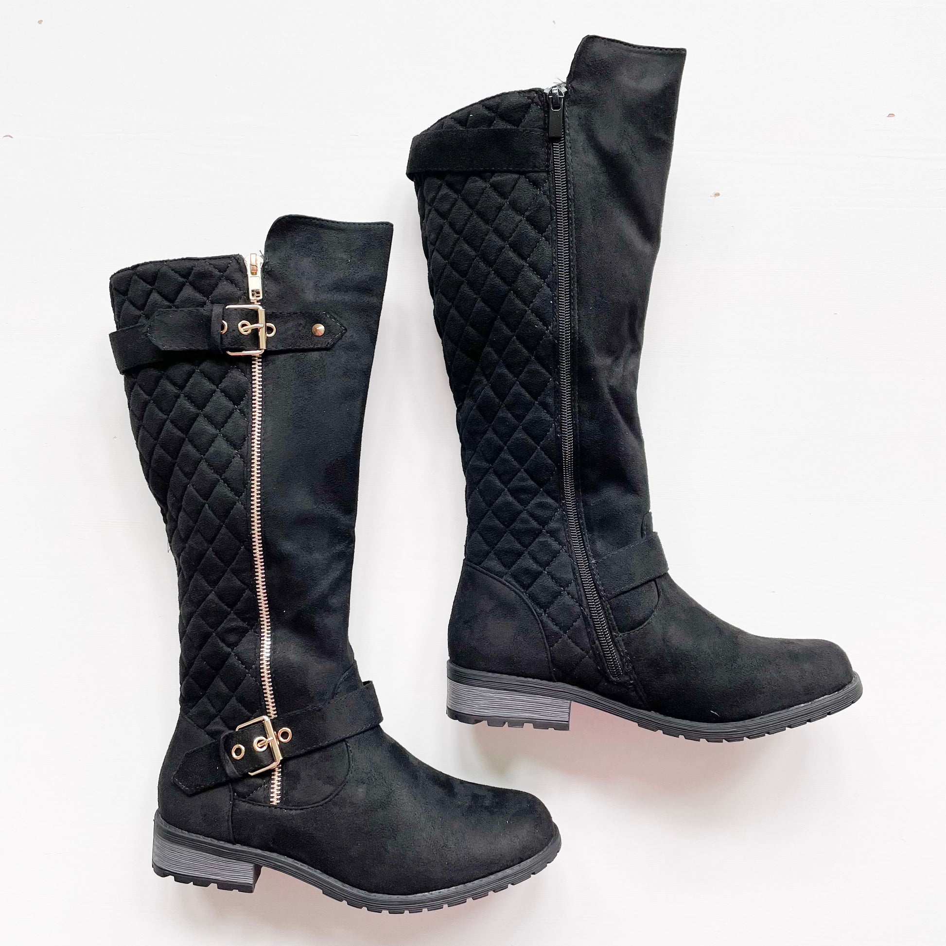 forever mango-23 black suede quilted boots with gold color zipper