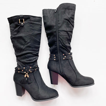 forever safety-61 black heeled suede boots with tassels