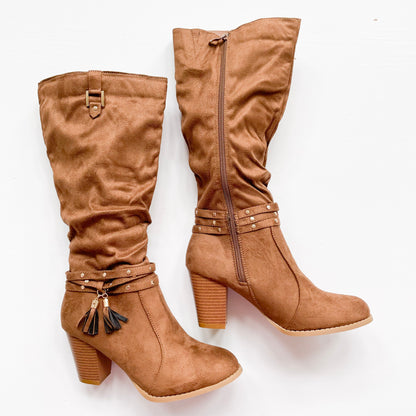 forever safety-61 tan heeled suede boots with tassels