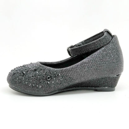 Toddlers Black Color Wedge with Rhinestones and Buckle Strap
