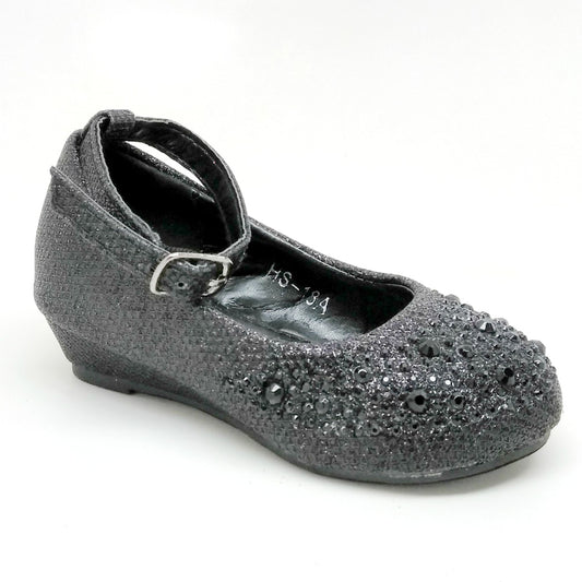 Toddlers Black Color Wedge with Rhinestones and Buckle Strap