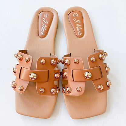 j mark passion-701 tan flat slide sandals with gold color dome shape studs