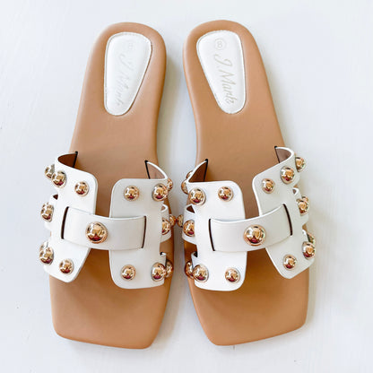 j mark passion-701 white flat slide sandals with gold color dome shape studs