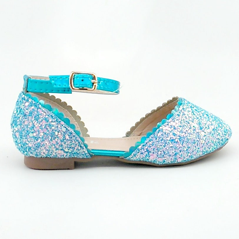 Girl's Blue Glitter Open Flat with Ankle Strap