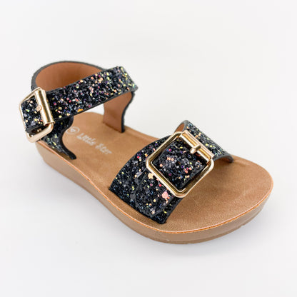 little star form-507t black girls glitter sandals with gold buckles