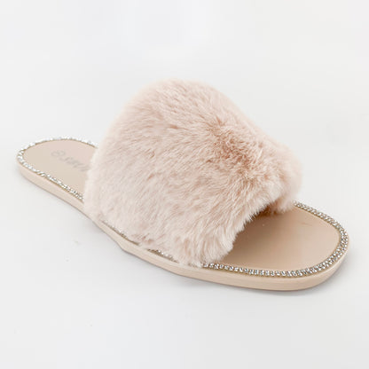 sbup jelly-009 beige faux fur jelly sandals with rhinestones