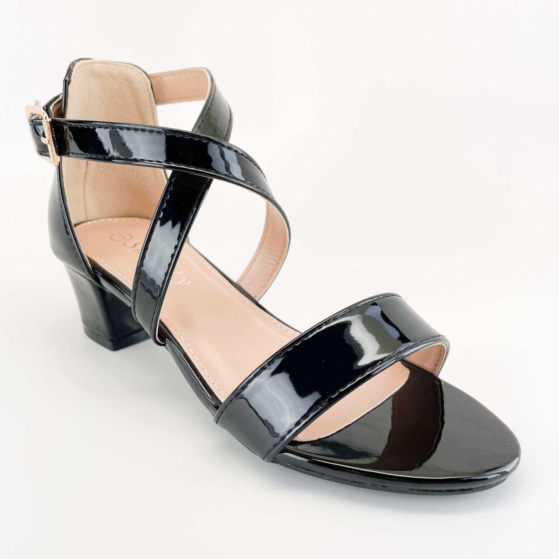 smartty tina-12km girl black pat open heels with criss cross straps and gold color buckle for graduations and holidays