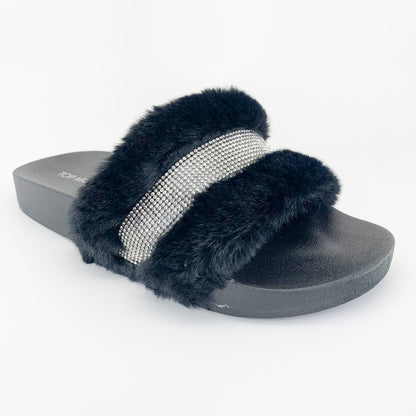 top moda cab-36 black faux fur slide sandal with rhinestones
