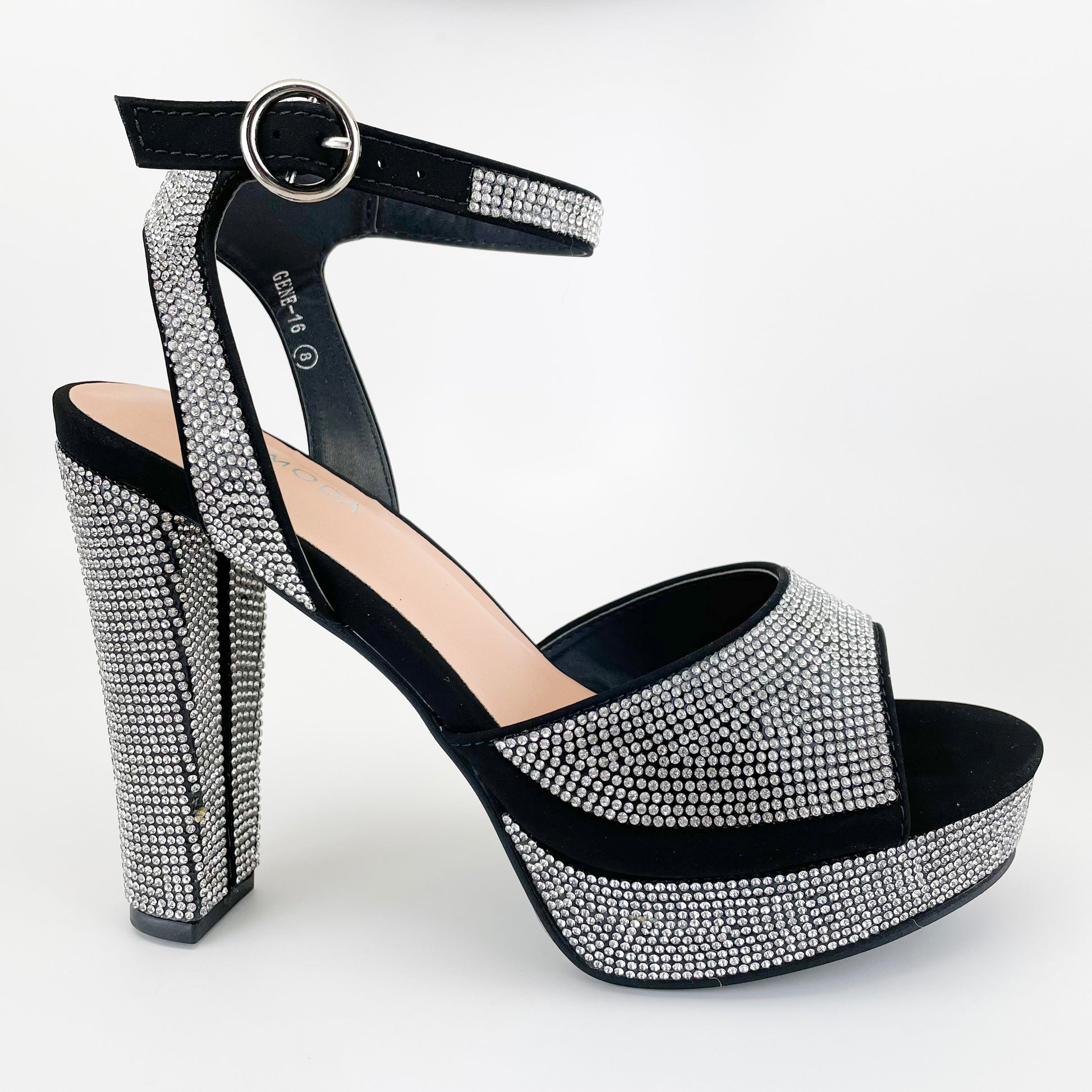 platform black rhinestone heels, black rhinestone heels ankle strap, black rhinestone block heels, black and silver rhinestone heels, black shoes with rhinestone heels
