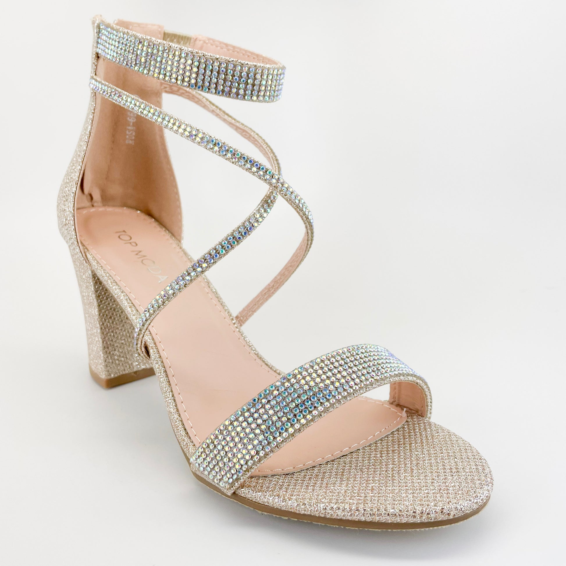 top moda rosa-66 champagne rhinestone cross straps block heels