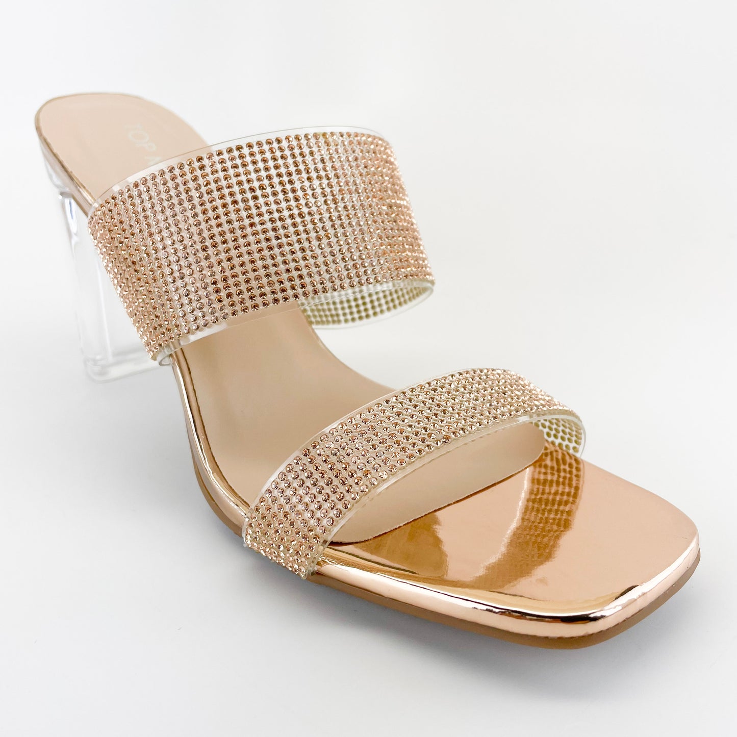 top moda selma-50 rosegold clear block heels with rhinestones open toe