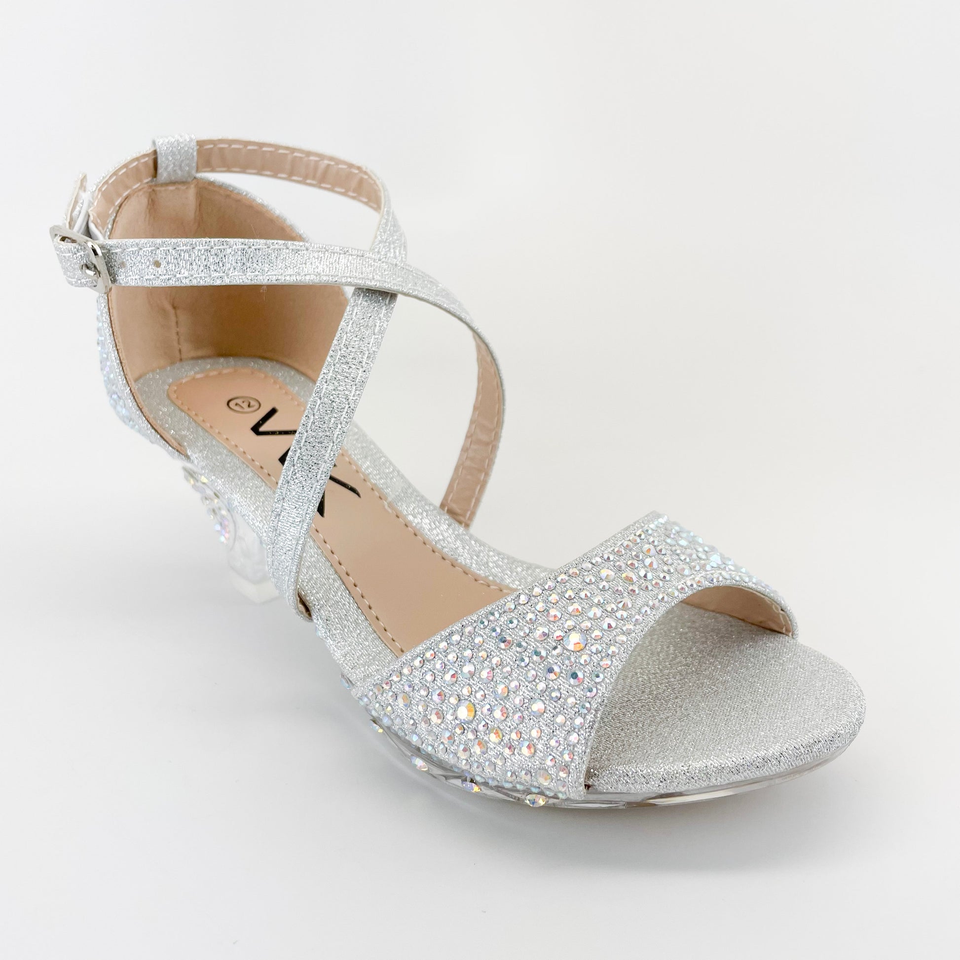 wk cyrstal-20 silver girls clear heels with rhinestones for graduation wedding formal